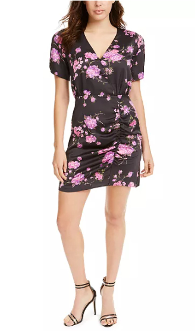 NEW LEYDEN Black Floral Satin Ruched Wrap Dress Short Sleeve Size M 3372
